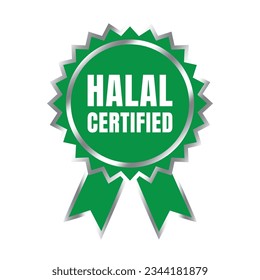 Halal certified badge design vector, Halal food product stamp, Authorized halal food and drink  ribbon stamp label