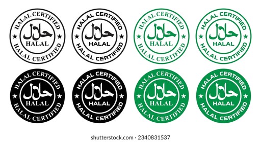 conjunto de iconos con certificación halal. símbolo o sello del vector de certificado halal negro y verde. adecuado para el negocio alimentario