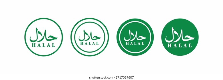 Halal zertifiziertes Icon in grünen Kreisrahmen. Professionelle Vektormarken mit arabischer Kalligraphie und englischem Text für Lebensmittelverpackungen und islamische Markenbildung
