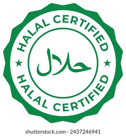 Halal certified label vector icon green illustration for product package. Islamic Halal sign, symbol, badge, sticker, stamp, tag, mark or emblem isolated. Muslim Ramadan food quality. Arabic seal.