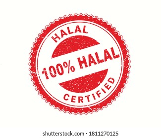 Halal certified logo, stamp in rubber style on white background. Round stamp for halal food, drink and products