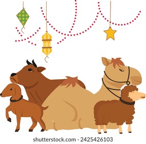 halal domestic animals sitting together outside concept, camel, goat, and sheep Sacrificial vector design, Eid al-Azha or Eid ul Kabir Symbol, Hajj Sign, Muslims religious Festival Stock illustration