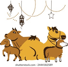 halal domestic animals sitting together outside concept, camel, goat, and sheep Sacrificial vector design, Eid al Adha or Eid ul Kabir Symbol, Hajj Sign, Muslims religious eve Stock illustration