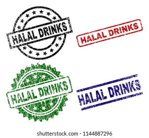 HALAL DRINKS seal stamps with corroded surface. Black, green,red,blue vector rubber prints of HALAL DRINKS text with corroded surface. Rubber seals with circle, rectangle, medal shapes.