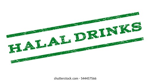 Halal Drinks watermark stamp. Text tag between parallel lines with grunge design style. Rubber seal stamp with dust texture. Vector green color ink imprint on a white background.