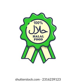 Halal Food Badge icon .green emblem with ribbon. cartoon style Vector illustration
