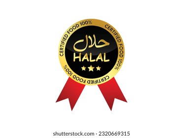 Halal food badge with red ribbon, Approved badge and certified food for muslim ,Vector halal label in gold style