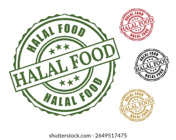Halal food certification stamps set vector illustration for muslim dietary laws and regulations