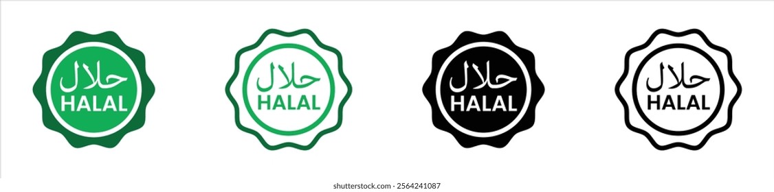 Halal food certified icon set with circular designs in green, black, and white. For food labels, Halal certification, branding, and packaging for Halal food and products. Vector for compliance use.