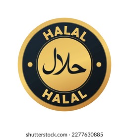 Halal Food golden logo sign with Arabic script for word HALAL. Vector illustration Halal certificate tag symbol.