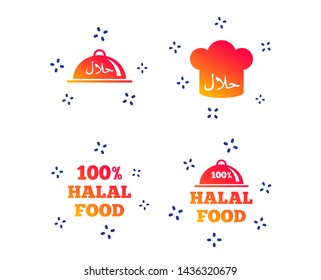 Halal food icons. 100% natural meal symbols. Chef hat sign. Natural muslims food. Random dynamic shapes. Gradient halal icon. Vector