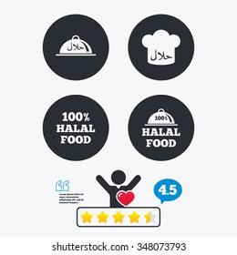 Halal food icons. 100% natural meal symbols. Chef hat sign. Natural muslims food. Star vote ranking. Client like and think bubble. Quotes with message.