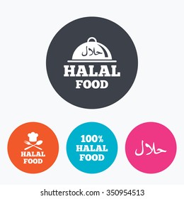 Halal food icons. 100% natural meal symbols. Chef hat with spoon and fork sign. Natural muslims food. Circle flat buttons with icon.