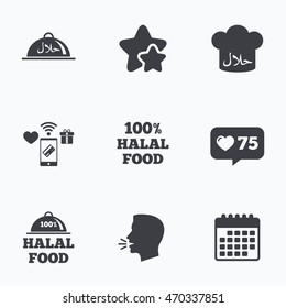 Halal food icons. 100% natural meal symbols. Chef hat sign. Natural muslims food. Flat talking head, calendar icons. Stars, like counter icons. Vector