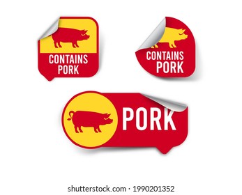 Conjunto de diseño de etiquetas alimentarias halal. Etiqueta del alimento con precaución. Banner Ribbon Sticker no pig