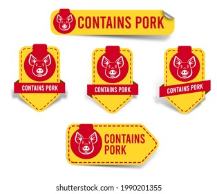 Halal food label design set. Food caution food label. Banner Ribbon Sticker no pig