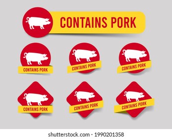 Halal food label design set. Food caution food label. Banner Ribbon Sticker no pig