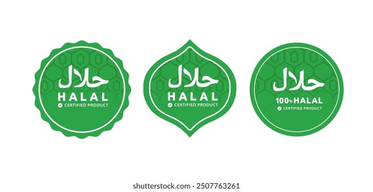 Halal food label stamp with green Islamic patter geometric sign vector isolated with text food contains verified halal product, product manufacture, food and baverage, agriculture sign symbol vector