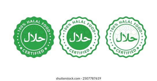 Halal food label stamp with green Islamic patter geometric sign vector isolated with text food contains verified halal product, product manufacture, food and baverage, agriculture sign symbol vector