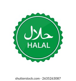 Halal food label stamp Halal sign certificate tag with text food contains verified halal product, product manufacture, food and baverage, agriculture sign symbol vector illustration