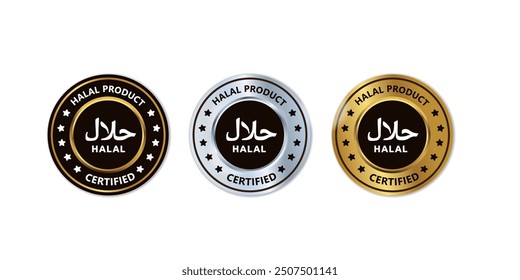 Halal Food Label Stempel mit Silber und Gold Zeichen Vektor einzeln mit Text Lebensmittel enthält verifizierte Halal-Produkt, Produkt-Herstellung, Lebensmittel und Getränke, Landwirtschaft Zeichen Symbol Vektorgrafik