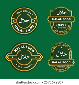 Halal food labels, golden emblems, green background, Islamic symbols, circular badges, premium quality seals, Arabic calligraphy, food certification logos, gold and green color scheme.