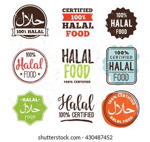 Rótulos de alimentos Halal conjunto vetorial. Emblemas, logotipo, design de etiquetas. Comida halal tradicional muçulmana. Tipografia.