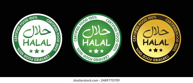 Conjunto legal de alimentos halal, iconos vectoriales de insignia de alimentos halal aprobados