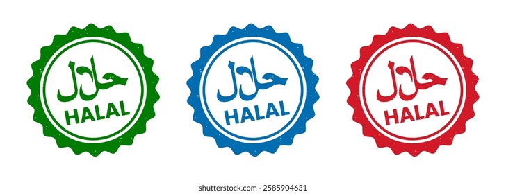 Halal food logo grunge effect stamp, red, blue, and green halal vector badge label icon. Halal food certified stamp, good food product sign — halal food sticker symbol, emblem, or tag signs.