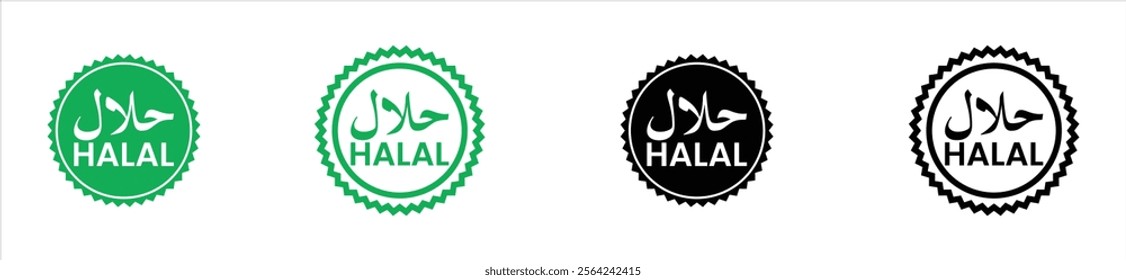 Halal food logo set with jagged-edge circular icons in green and black. For Halal product labels, certification tags, and packaging. Ideal for branding Halal-compliant food, drinks, and products.