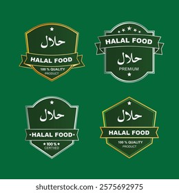 Halal food logos, Islamic emblems, green and gold color scheme, Arabic calligraphy, vintage badge designs, Islamic geometric patterns, crescent moon symbols, retro label aesthetics .