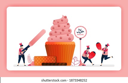 halal food menu illustration of sweet strawberry cupcake. Making muffins decorated with swirl icing and cocoa. Design can use For website, web, landing page, banner, mobile apps, UI UX, poster, flyer