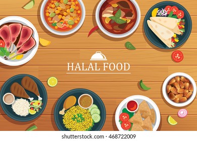 alimentos halal em um fundo de madeira.Vector halal alimentos vista superior.