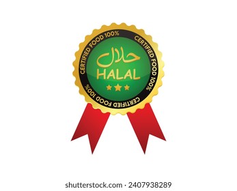 Etiqueta del producto alimenticio halal, Icono de alimento halal certificado de oro con cinta roja, vector de señal halal de alimento