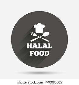 Halal food product sign icon. Chef hat with spoon and fork. Natural muslims food symbol. Circle flat button with shadow. Vector