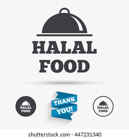 Halal food product sign icon. Natural muslims food symbol. Flat icons. Buttons with icons. Thank you ribbon. Vector