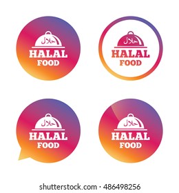 Halal food product sign icon. Natural muslims food platter serving symbol. Gradient buttons with flat icon. Speech bubble sign. Vector