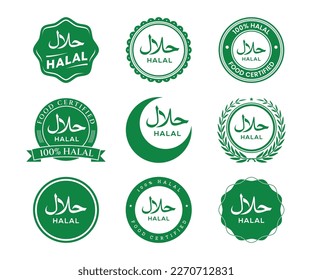 Halal food products labels. Vector Halal sign certificate tag. Green colors halal food logo set