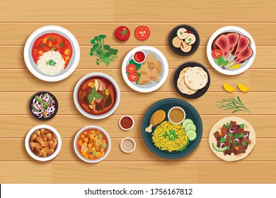 halal food set on top view wooden table background.