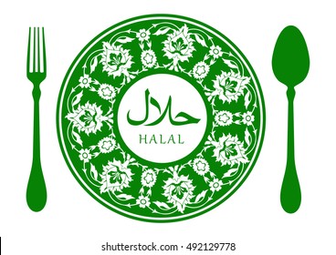 Halal food sign. For muslim cafe and restaurant; label, sticker, certificate and other