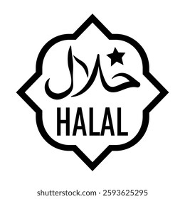 Halal food stamp, logo, icon. Frame in oriental style, text in Arabic script. Isolated vector illustration for halal food