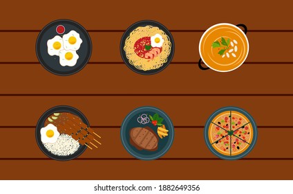 halal food variants: pizza, grilled meat, ketchup noodles, fried eggs