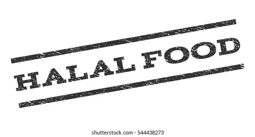 Halal Food watermark stamp. Text caption between parallel lines with grunge design style. Rubber seal stamp with unclean texture. Vector gray color ink imprint on a white background.