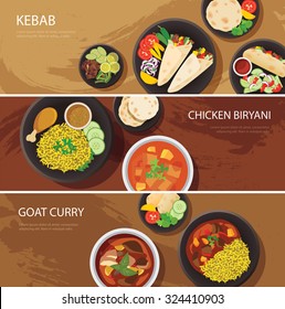 halal food web banner flat design , kebab, chicken biryani, goat curry