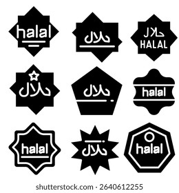 Halal icon collection with elegant Arabic “حلال” text, certification marks, crescent symbols, and food-safe labels. Ideal for use in Islamic food packaging, restaurant menus, and product design.
