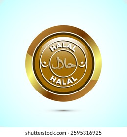 Halal icon design illustration, Halal Certificate tag, Islamic approved sign, Gold color round button design