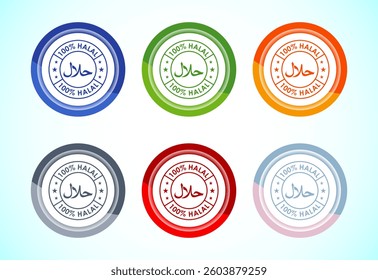 Halal icon design illustration, Halal Certificate tag, Islamic approved sign, 6 color button design set