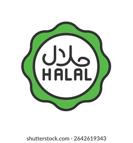 Halal, icon in line design, green. Halal, Islamic, certified, food, Muslim, approved, meat on white background vector. Halal, editable stroke icon