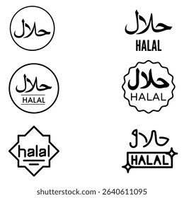 Halal icon set featuring Arabic and English text, certification badges, no pork or alcohol signs, and Islamic symbols like crescent and star. Ideal for food labels, packaging, and halal product brand.