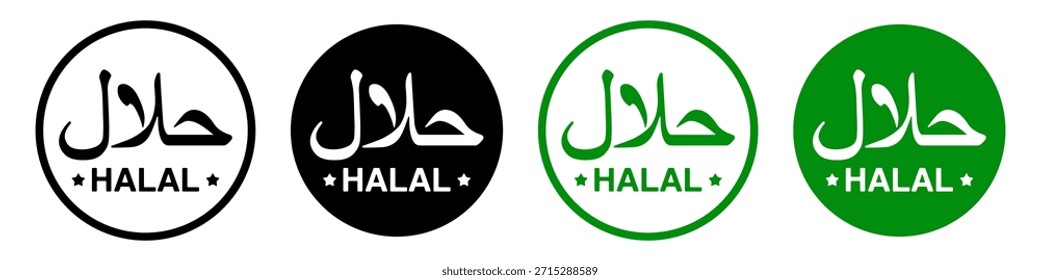 Halal icon set with round seals representing food, drinks and products approved by Islamic certification. Modern vector illustration in black, white and green colors.